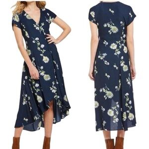 Free People Lost in You Navy Blue & Yellow Floral High Low Midi Dress -